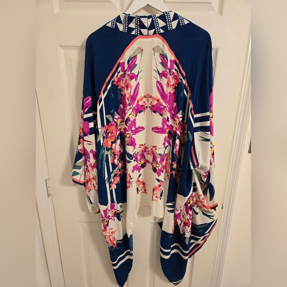 Flying Tomato Pink And Blue Tropical Floral Kimono Cardigan Open Front Size M/L